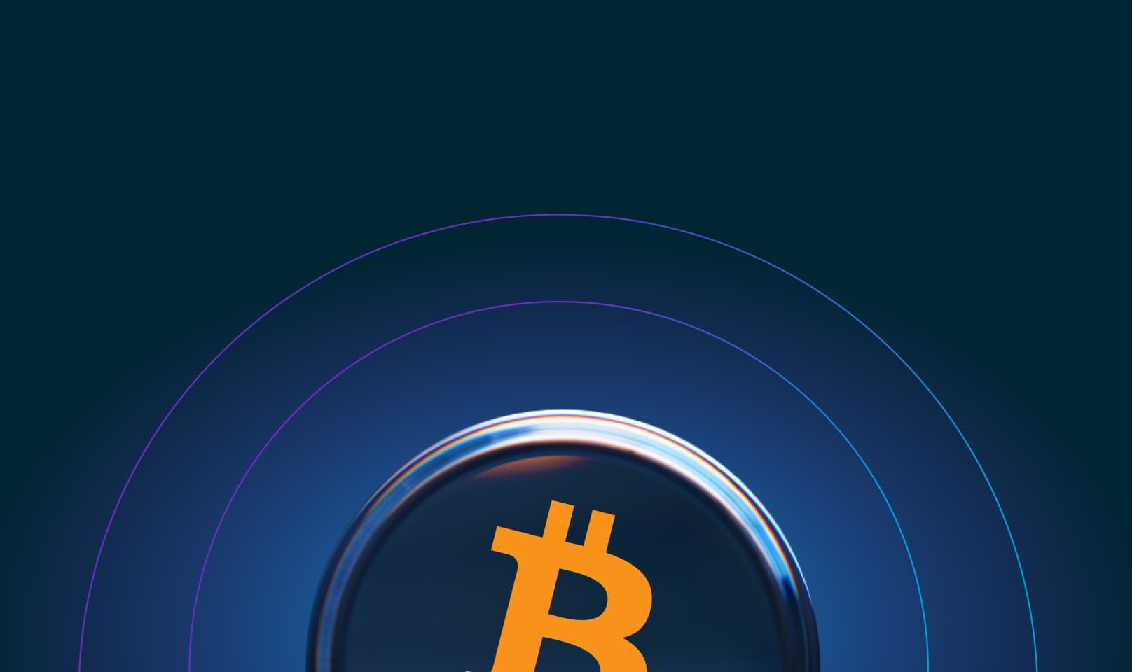 Stylized Bitcoin symbol inside a glass-like button against a dark blue gradient background. 